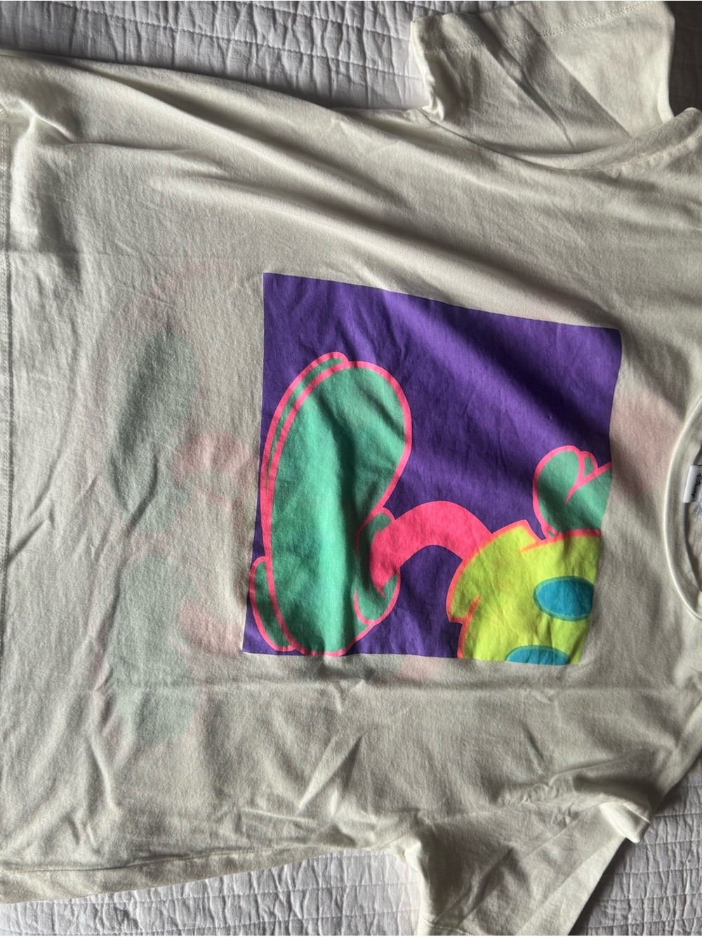 Zara Cream Tee with Neon Purple, Green, Pink & Yellow Graphic